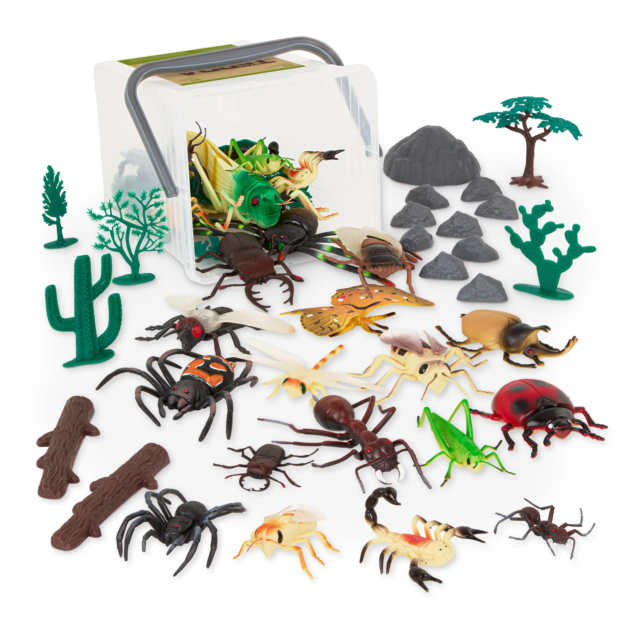 Owady, pajęczaki i rozmaite pełzające w imponującej skali oraz elementy scenerii – 60-elementowy zestaw do urządzania fascynującego uniwersum robali. Figurki owadów i pajęczaków z akcesoriami w wiadrze – ŚWIAT ROBALI Terra by Battat