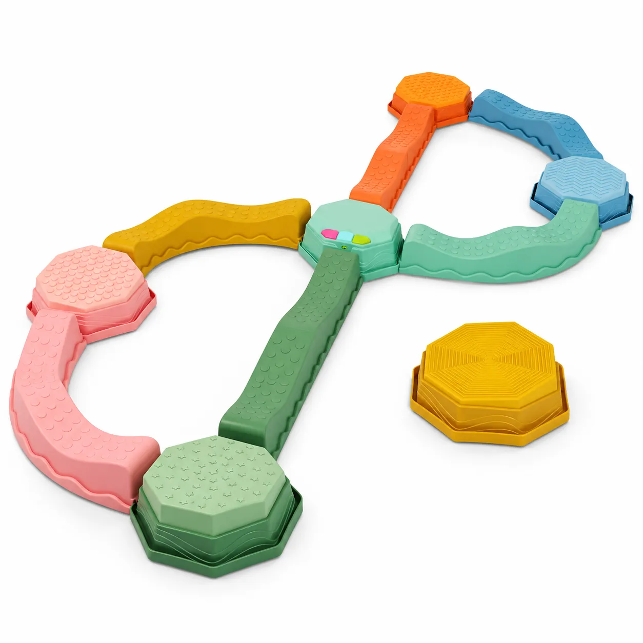 Balance & Groove Set SOFT COLORS – muzyczna ścieżka sensoryczna z pofalowanymi belkami, nachylonymi polami i modułem muzycznym. Równowaga, ruch i zabawa w rytmie muzyki! Muzyczna ścieżka sensoryczna Balance & Groove Set SOFT COLORS B. toys – kolorowe belki równoważne, pola sensoryczne i moduł muzyczny